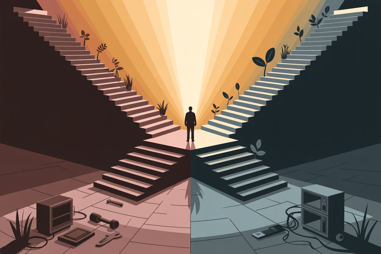 Two diverging staircases — one ascending into warm golden light with growing plants, one descending into cold shadow with abandoned tools. A figure stands at the choice point.