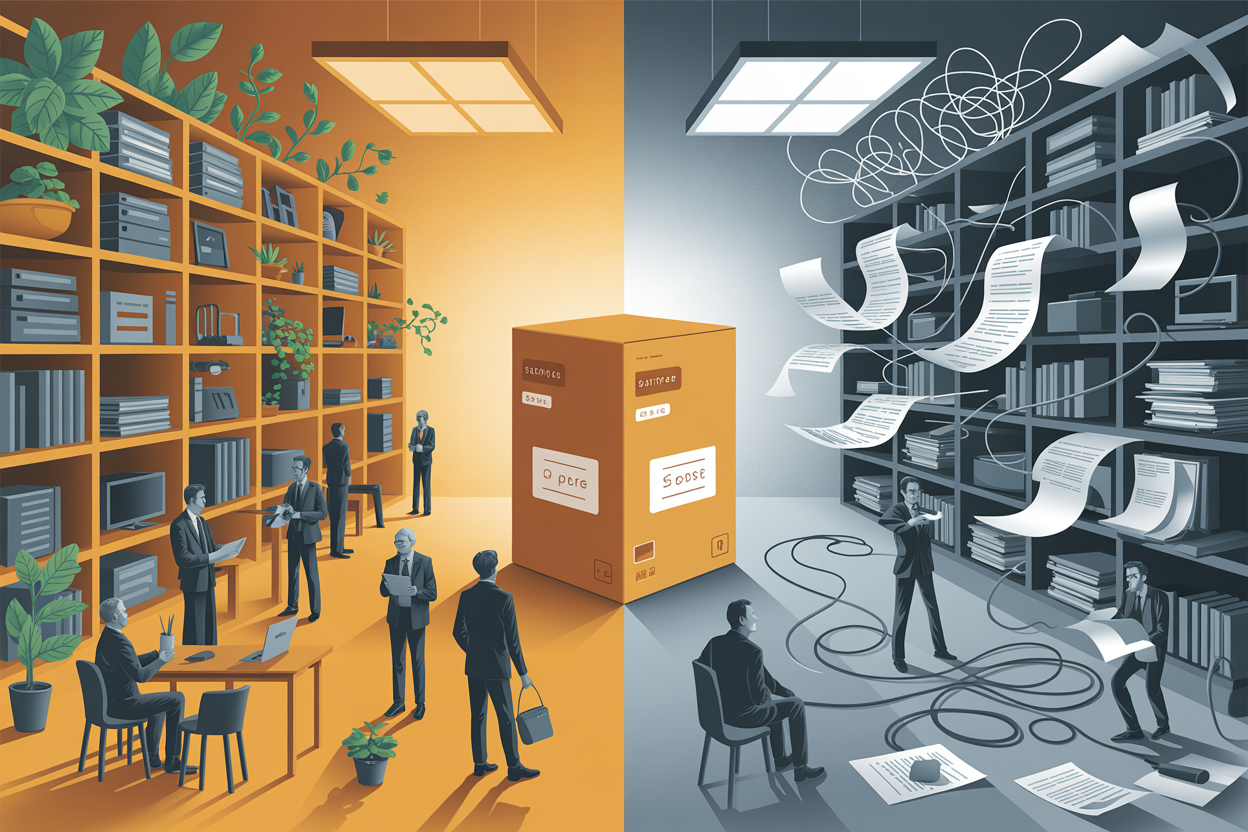 Same software package producing opposite outcomes — thriving collaboration on the left, chaos on the right. The technology is identical. Everything around it diverges.