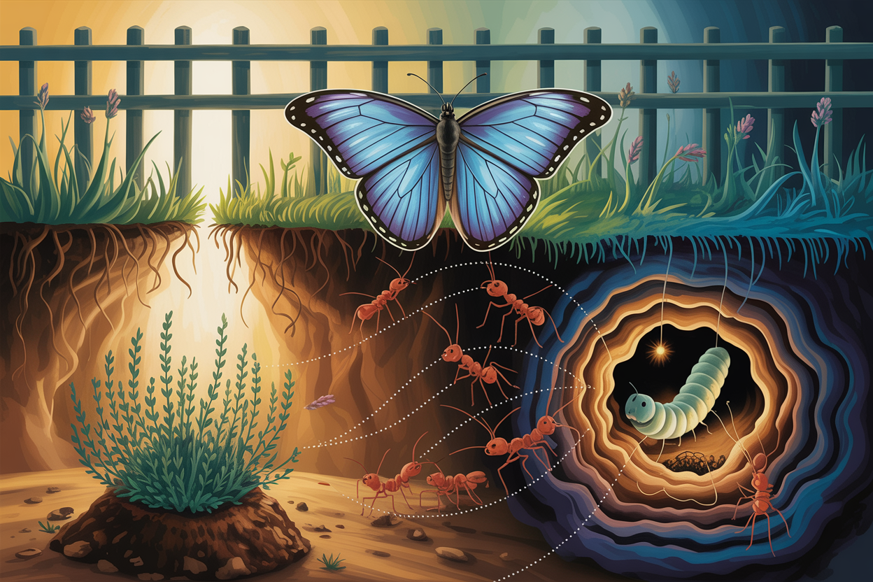 A luminous Large Blue butterfly in flight above a cross-section of earth revealing an underground ant colony — the hidden ecosystem that determined everything