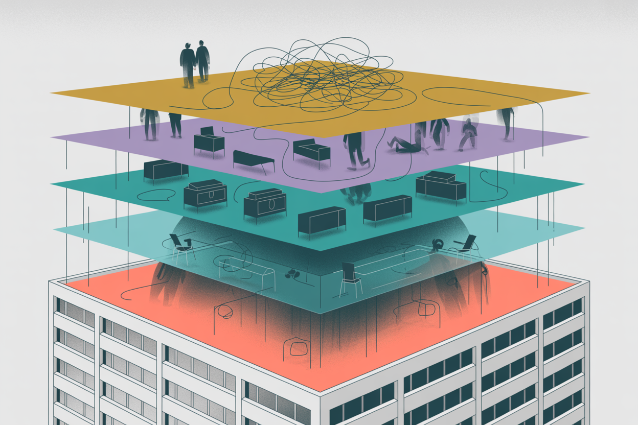 A clean office building with translucent walls revealing five overlapping layers of hidden complexity within — tangled cables, ghostly figures, warped furniture, shadow duplicates, and fog