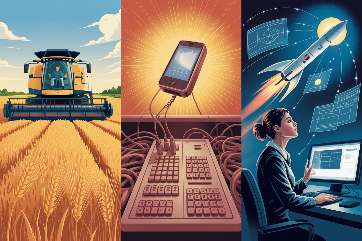 Triptych: a combine harvester in golden wheat, an empty switchboard with a glowing telephone floating free, and a woman at an engineering desk looking at rocket trajectories — three moments of liberation