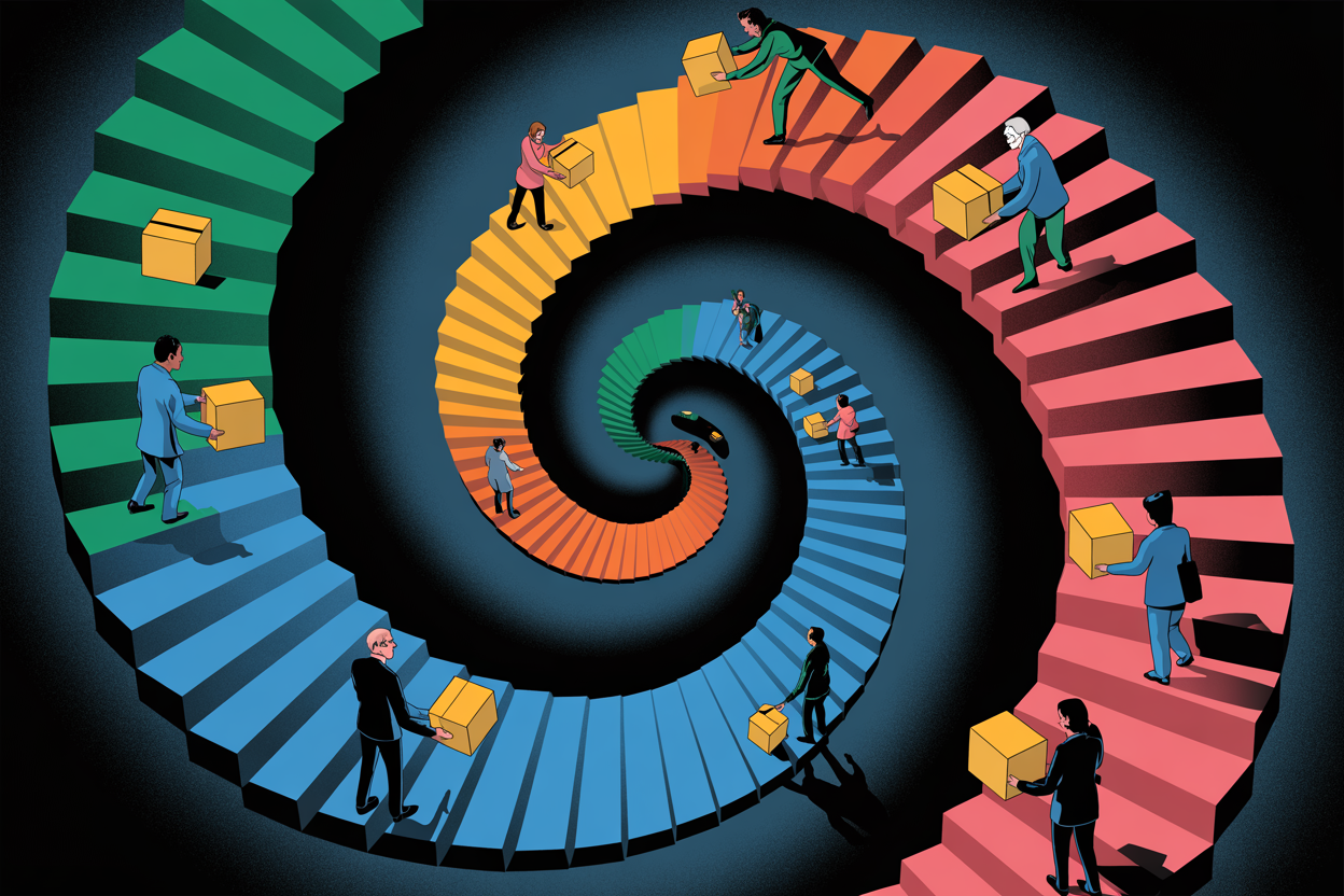 An Escher-like spiral staircase in jewel tones where tiny figures carry knowledge boxes up steps that loop back on themselves — the problem the technology was supposed to solve is the same problem it imposes