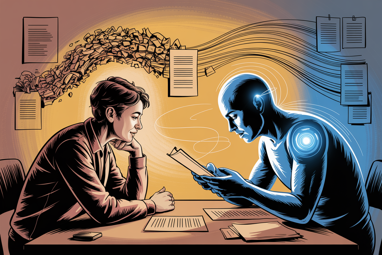 A person sitting at a desk teaching a luminous learning presence — between them a shared workspace glowing with connection, behind them a wall showing progression from chaos to order